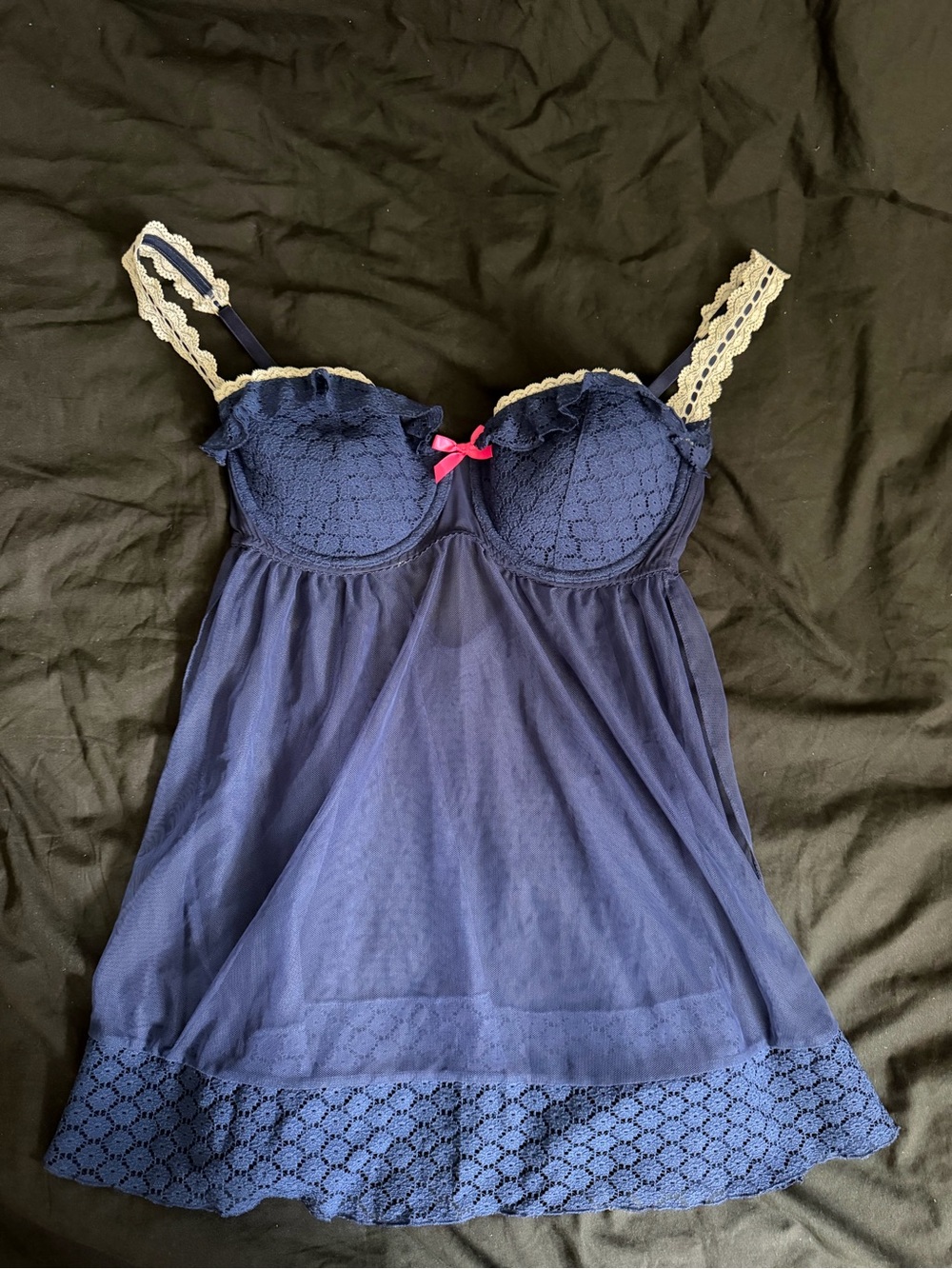 Victoria's Secret Navy Chemise with Cream Lace and Pink Bow